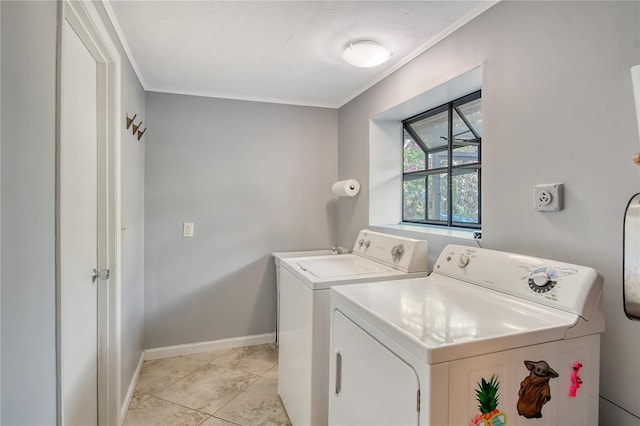 laundry room with ornamental molding, separate washer and dryer, and light tile patterned flooring