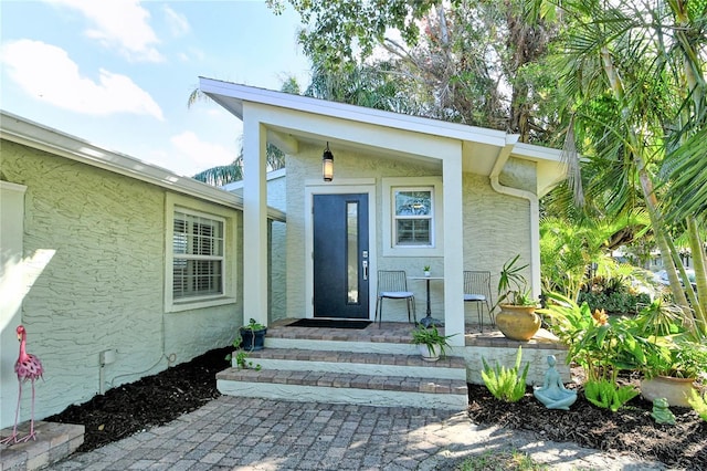 entrance to property featuring a porch and stucco siding