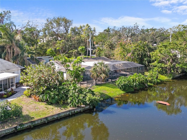 drone / aerial view with a water view