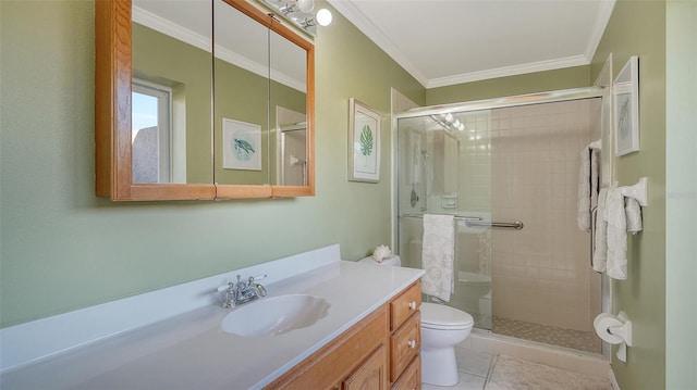 bathroom with crown molding, an enclosed shower, vanity, tile patterned floors, and toilet