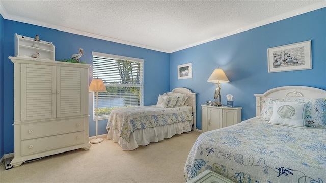 bedroom with ornamental molding, carpet flooring, and a textured ceiling