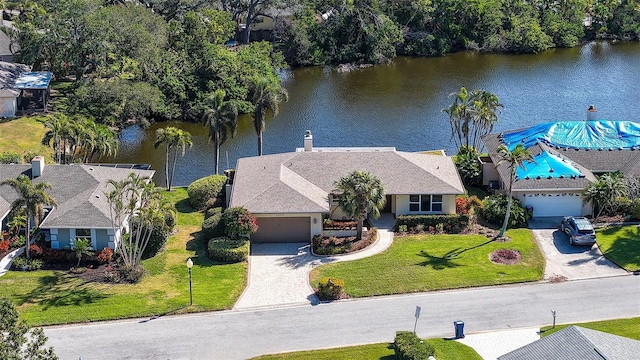 drone / aerial view featuring a water view