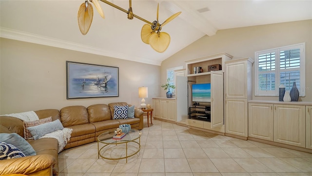 living room featuring ceiling fan, lofted ceiling with beams, and light tile patterned floors