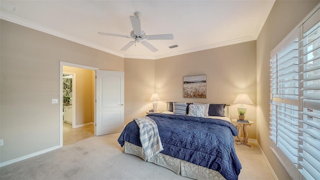 bedroom featuring light carpet, ornamental molding, and ceiling fan