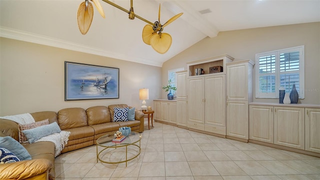 living room with crown molding, light tile patterned floors, and vaulted ceiling with beams