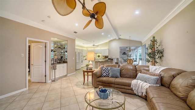 living room with lofted ceiling with beams, ornamental molding, light tile patterned flooring, and ceiling fan