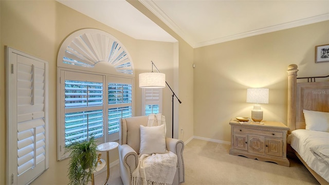 living area with crown molding and light colored carpet