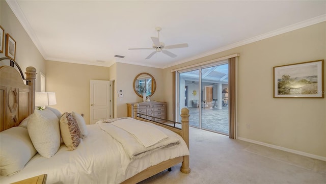 bedroom featuring light carpet, access to exterior, crown molding, and ceiling fan