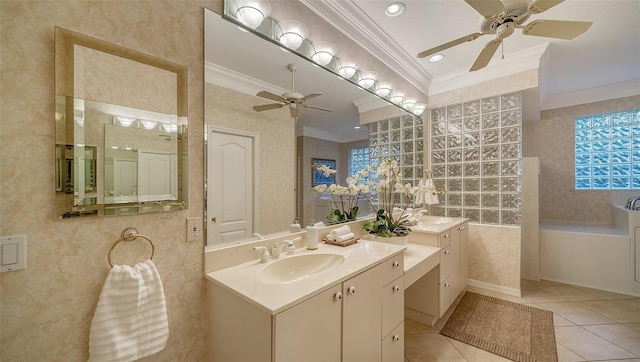 bathroom with crown molding, ceiling fan, vanity, and tile patterned flooring