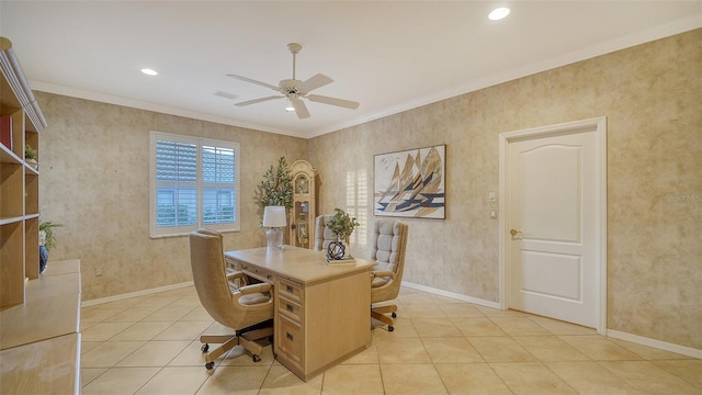 office with ornamental molding, light tile patterned floors, and ceiling fan