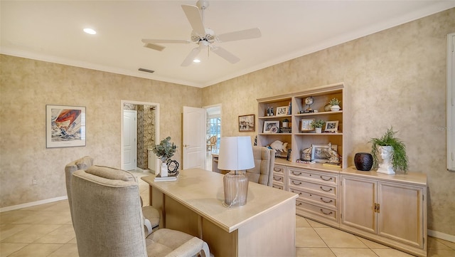 tiled office featuring crown molding and ceiling fan