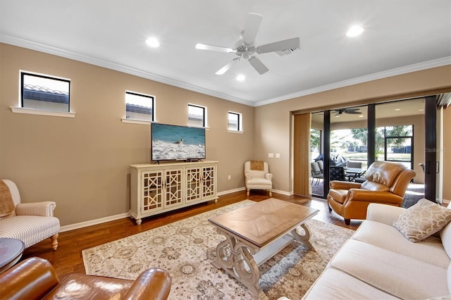 living room with crown molding, hardwood / wood-style flooring, and ceiling fan