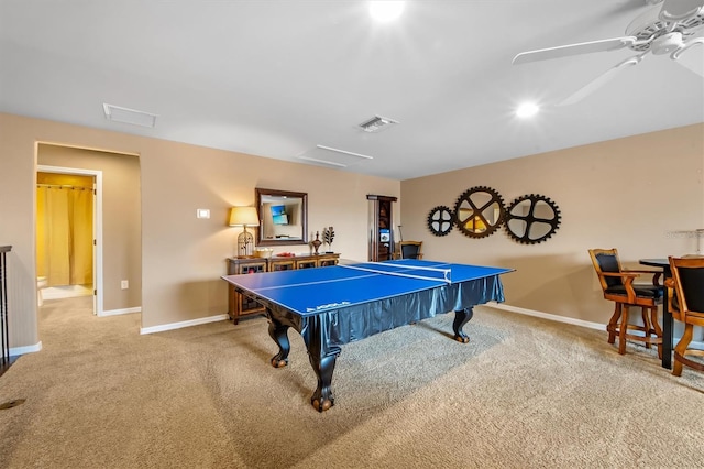 game room featuring carpet flooring and ceiling fan