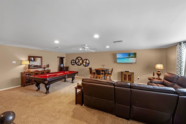 carpeted living room featuring billiards and ceiling fan