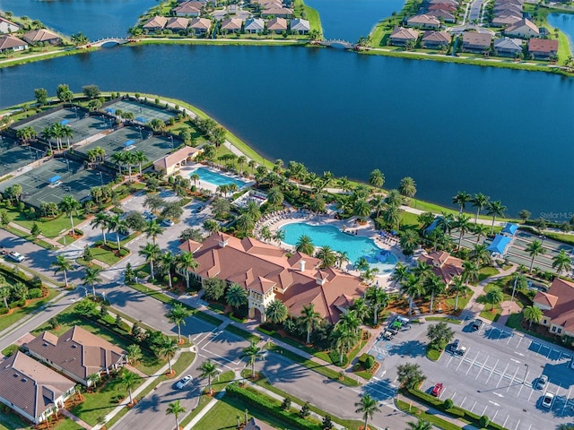 drone / aerial view featuring a water view