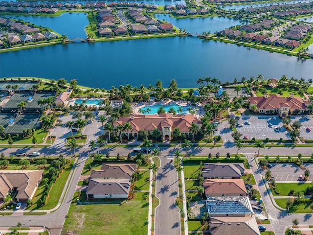 drone / aerial view featuring a water view