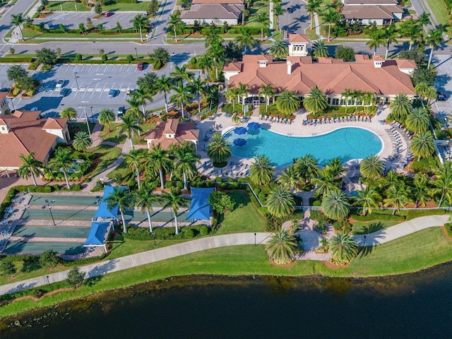 drone / aerial view featuring a water view