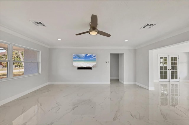 unfurnished room featuring crown molding, french doors, and ceiling fan