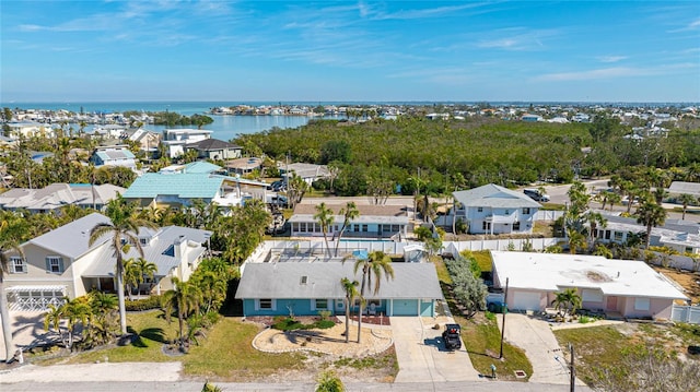 drone / aerial view featuring a water view