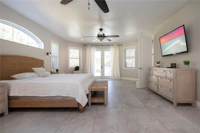 bedroom with access to exterior, ceiling fan, and french doors