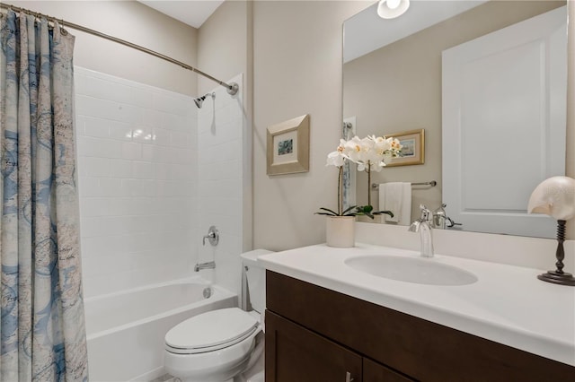 bathroom with toilet, shower / bathtub combination with curtain, and vanity