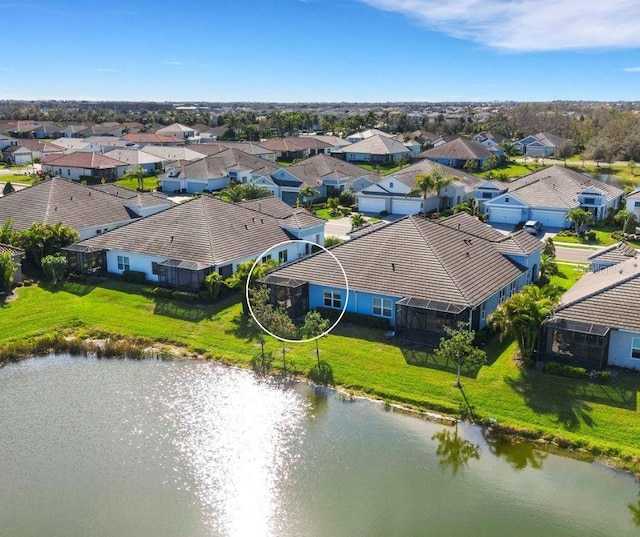 birds eye view of property featuring a water view and a residential view