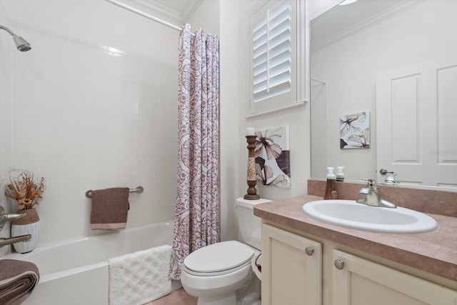 full bathroom featuring vanity, ornamental molding, toilet, and shower / bath combo