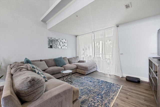 living room with dark hardwood / wood-style flooring