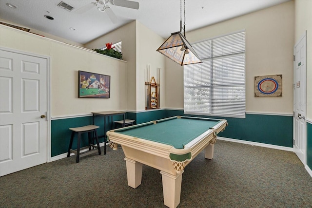 playroom with ceiling fan, pool table, and dark carpet