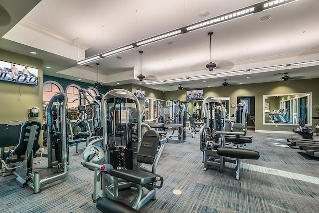 gym featuring a raised ceiling, crown molding, carpet flooring, and ceiling fan