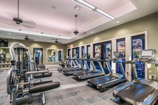 exercise room featuring ceiling fan, a tray ceiling, and carpet floors