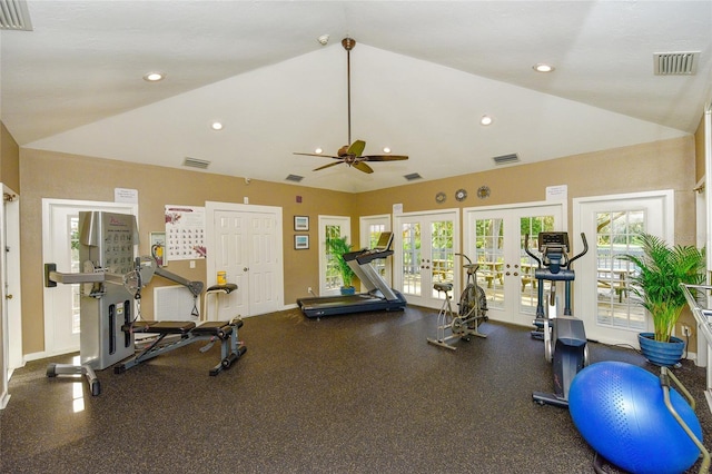 workout area with french doors, plenty of natural light, and vaulted ceiling