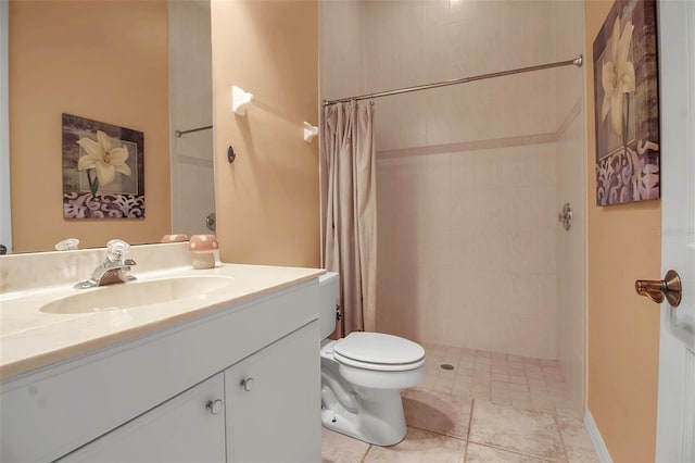 bathroom featuring vanity, tile patterned flooring, curtained shower, and toilet