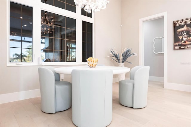 dining space with wood-type flooring and a chandelier