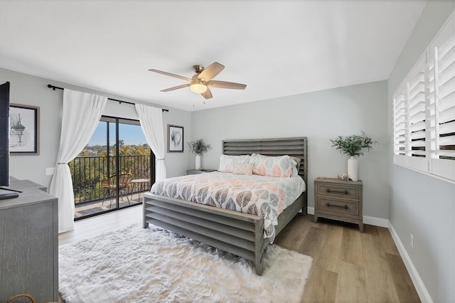 bedroom featuring ceiling fan, access to exterior, and light wood-type flooring