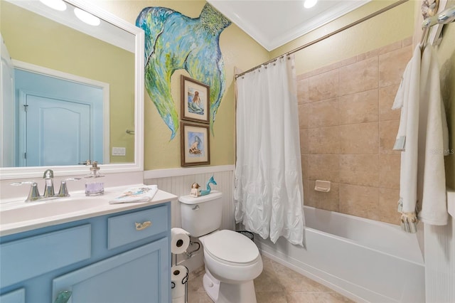 full bathroom featuring crown molding, tile patterned flooring, vanity, toilet, and shower / bath combo with shower curtain