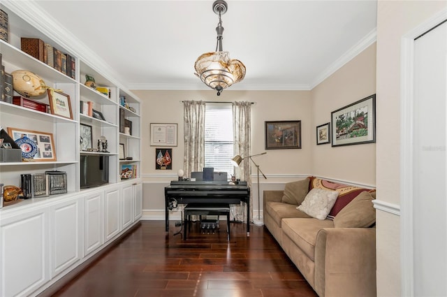 living area with dark wood-type flooring and ornamental molding