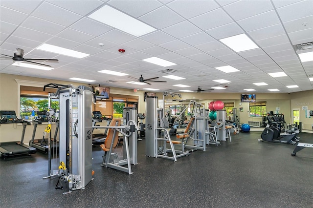 workout area featuring a paneled ceiling and ceiling fan