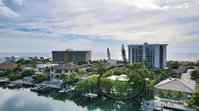 drone / aerial view featuring a water view