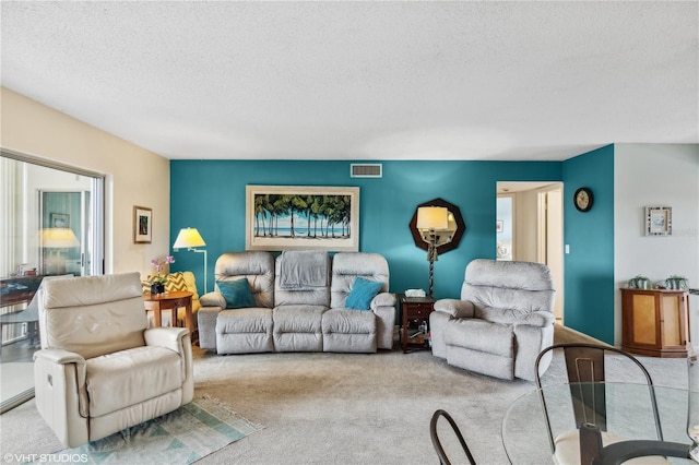 carpeted living room with a textured ceiling