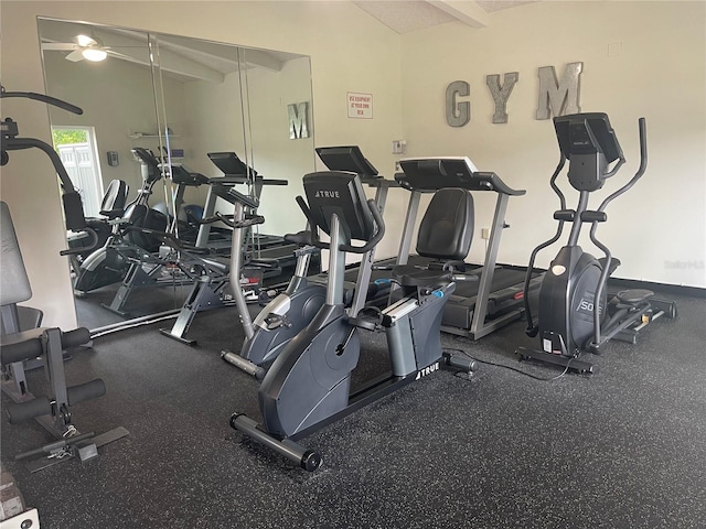 exercise room featuring vaulted ceiling