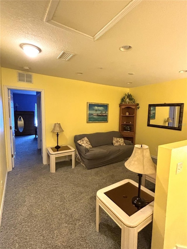 living room featuring a textured ceiling and carpet