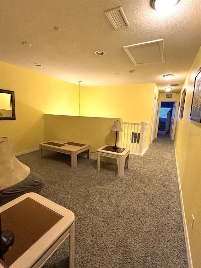 interior space featuring carpet and a textured ceiling