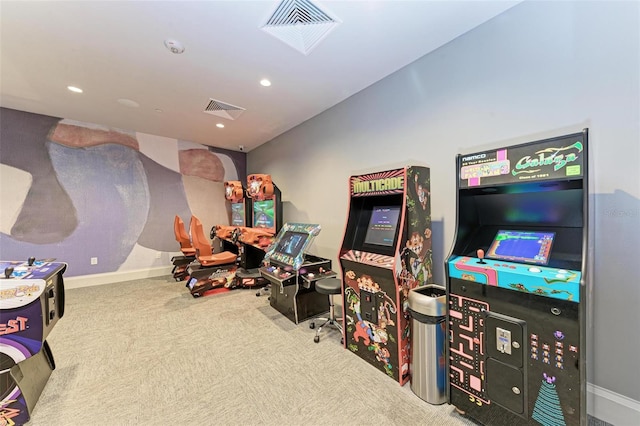 playroom featuring baseboards, visible vents, carpet flooring, and recessed lighting