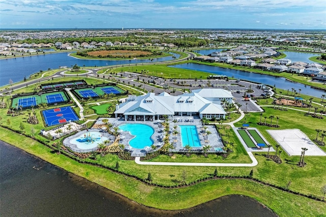 birds eye view of property featuring a water view