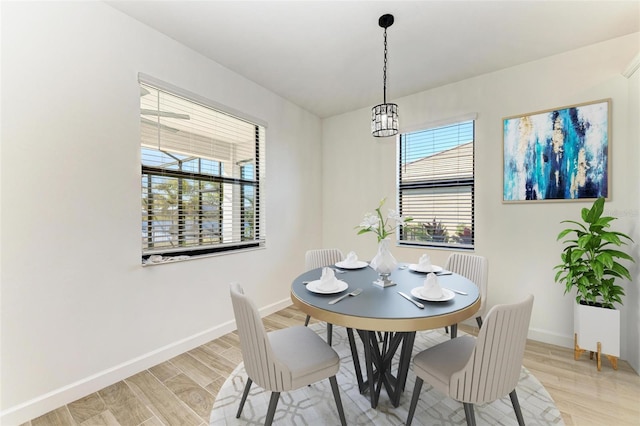 dining room featuring light wood-style floors, plenty of natural light, and baseboards