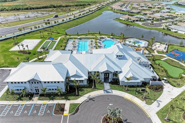 aerial view featuring a water view