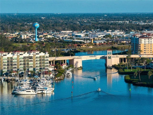 birds eye view of property featuring a water view