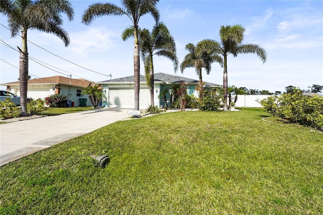 ranch-style house with a garage and a front lawn