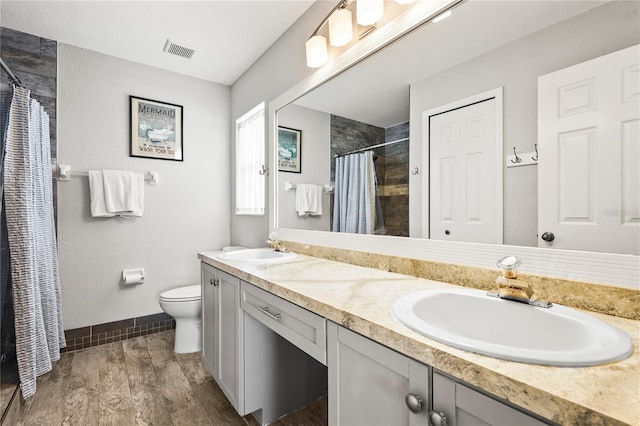 bathroom featuring vanity, toilet, and a shower with shower curtain